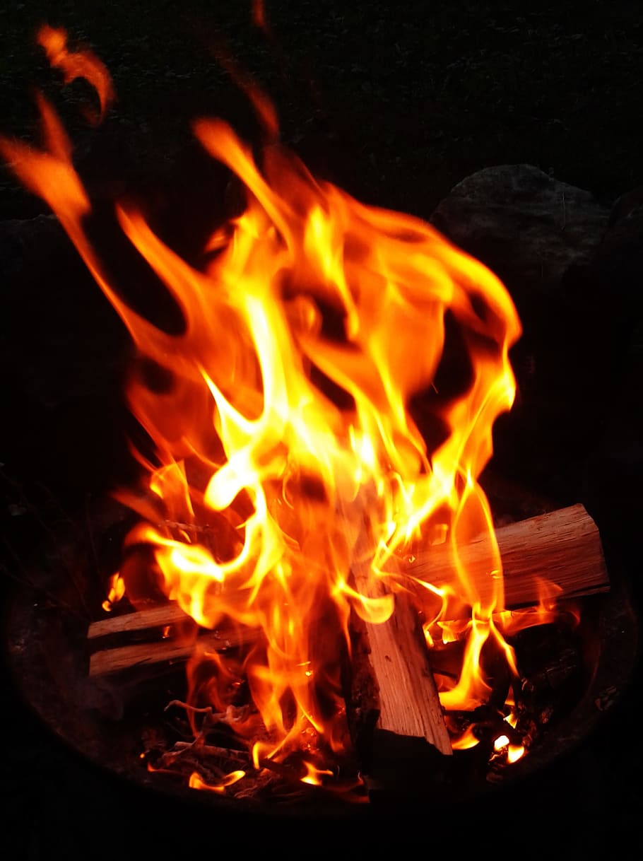 fire, campfire, sky, flame, flames, wood, at night, heat - temperature HD wallpaper