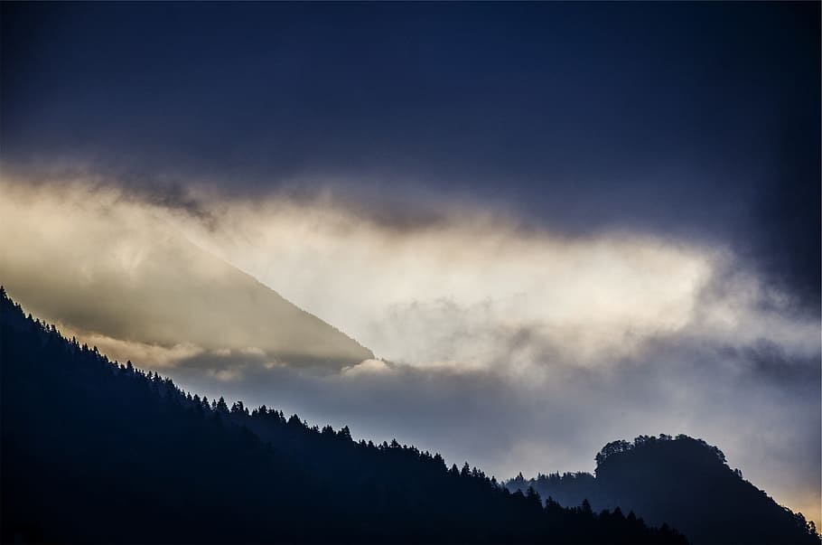 landscape, mountains, trees, hills, clouds, dusk, cloud - sky HD wallpaper