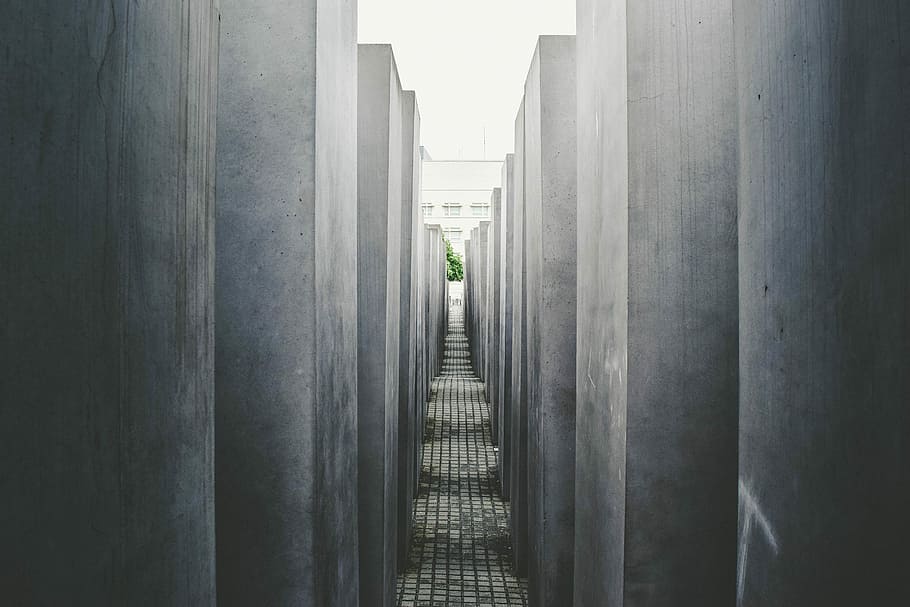 concrete hallway, narrow road under white sky, architecture, path HD wallpaper