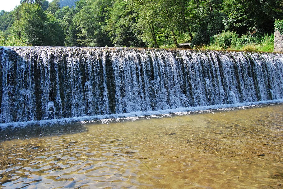 waterfall, torrent, stream, plant, tree, motion, flowing water HD wallpaper