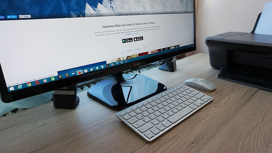 Monitor, Computer, Screen, Keyboard, mouse, desk, printer, technology HD wallpaper
