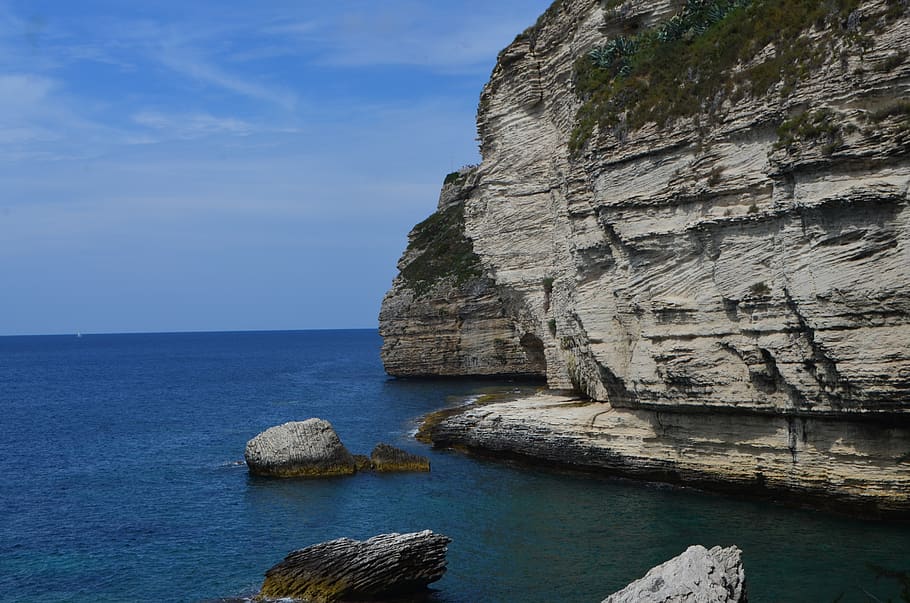corsica, bonifacio, cliffs, sea, coast, water, rock, sky, rock - object, HD wallpaper