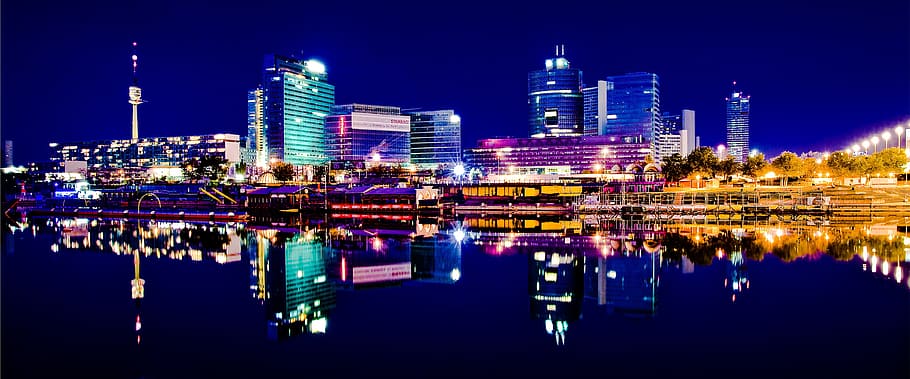 photo of city during night time, panorama, vienna, skyline, austria, HD wallpaper