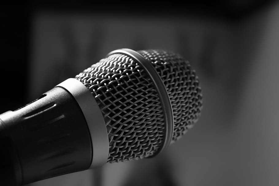 gray scale microphone focus photo, music, singing, art, sound recording equipment HD wallpaper