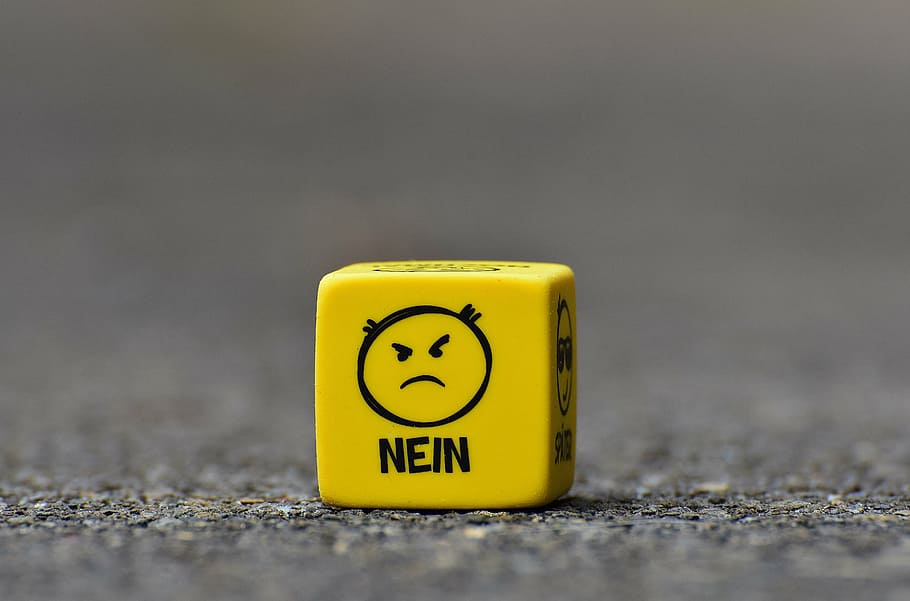 yellow dice on brown surface, smiley, no, grim, cube, funny HD wallpaper