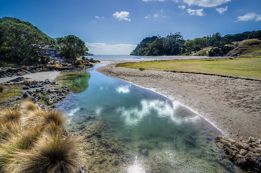 landscape photography of river towards sea, water, inlet, glassy