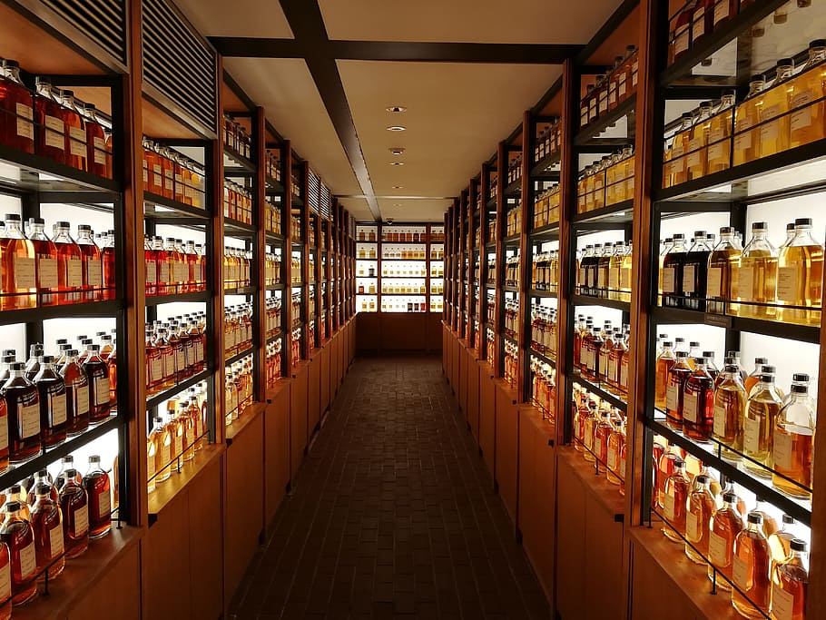 Whiskey, Beverage, Alcohol, shelf, wine, in a row, drink, wine bottle HD wallpaper
