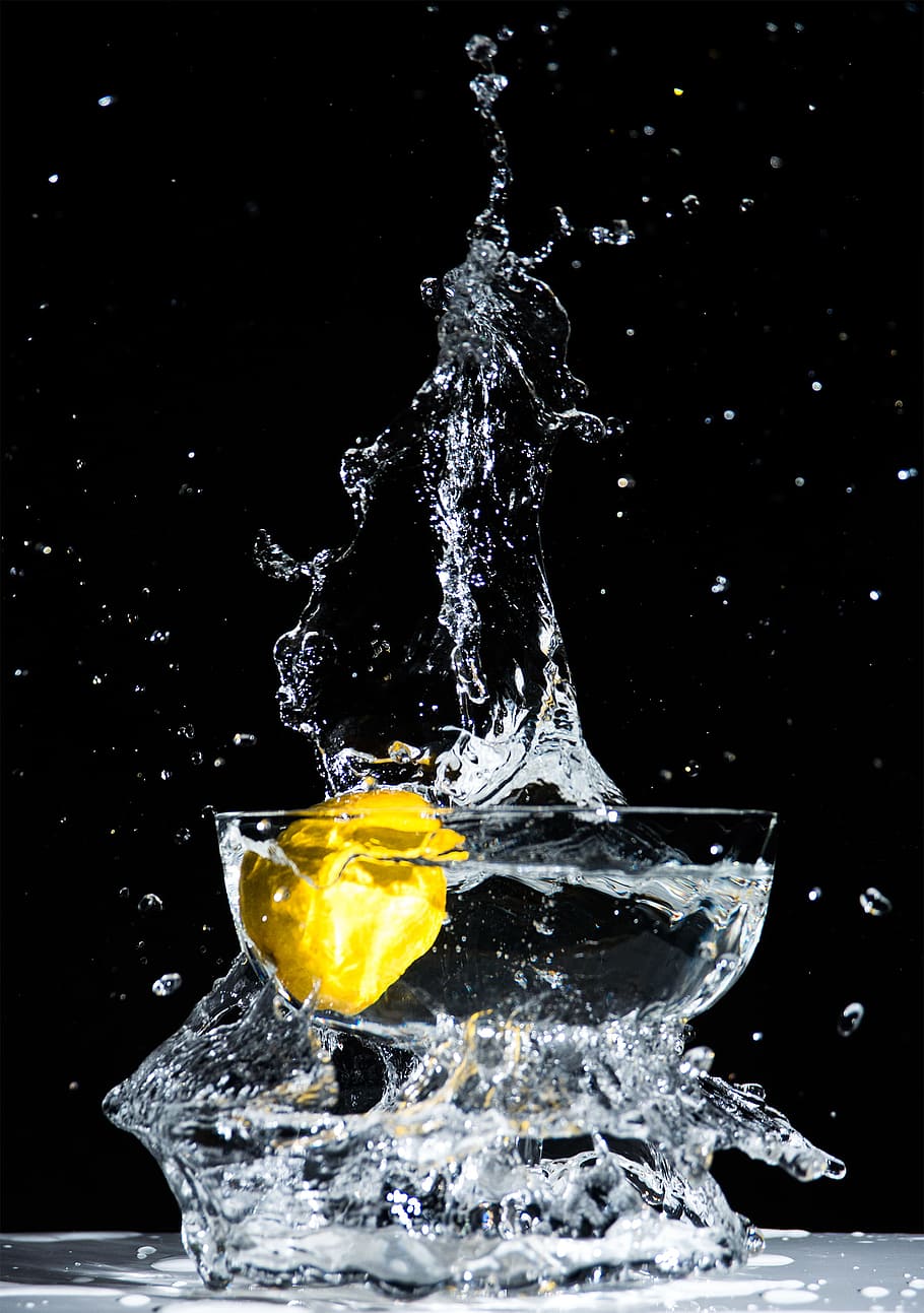 lemon water in footed glass, clear glass with water, slice, lemon drop HD wallpaper