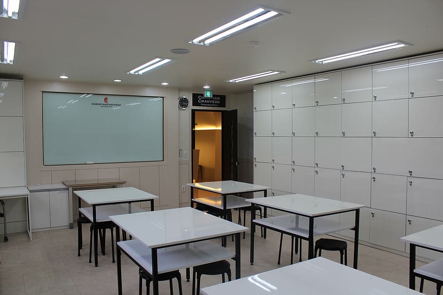 white lockers, desk, office, in the classroom, table, indoors