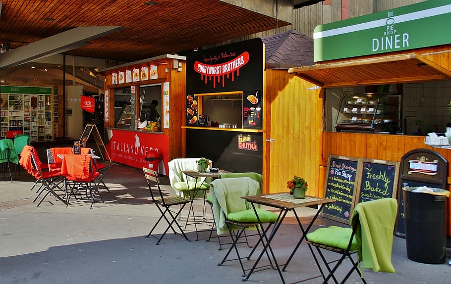 Stand, Currywurst, imbis, refreshment, chair, restaurant, cafe HD wallpaper