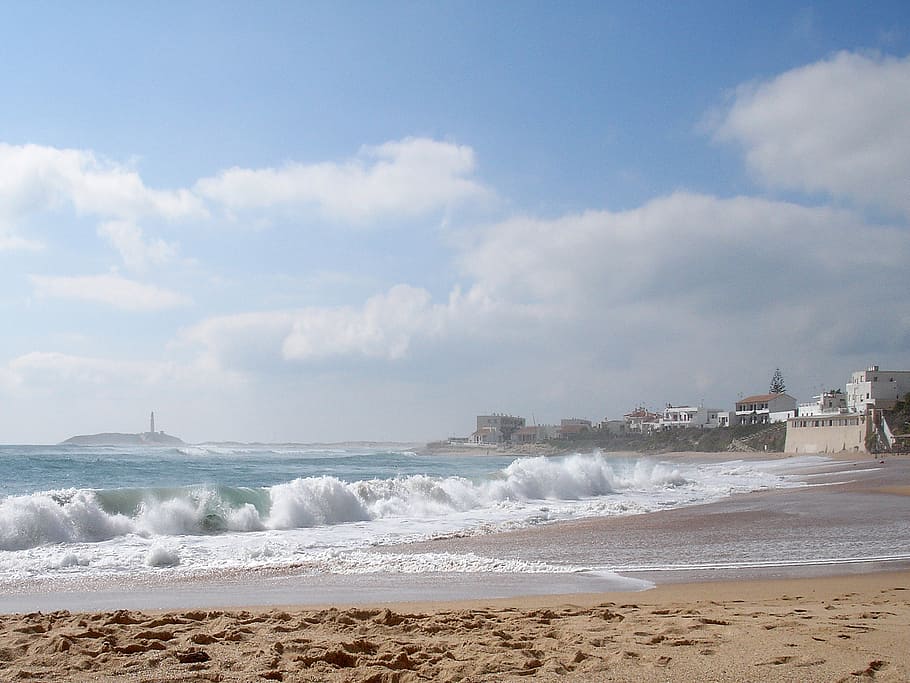 sea waves on seashore, spain, trafalgar, beach, sand, clouds HD wallpaper