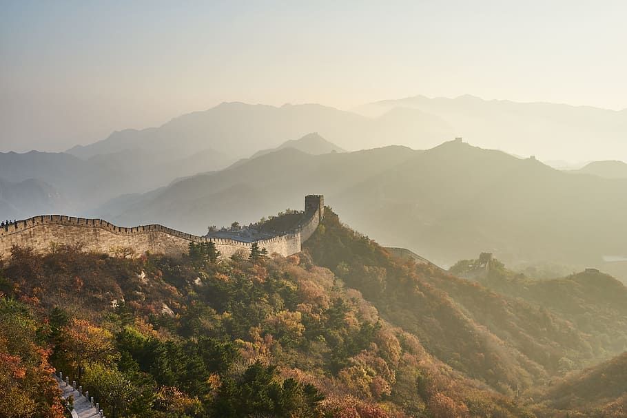 Great Wall of China, mountain, sunset, landscape, panoramic, border, HD wallpaper