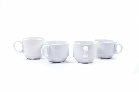 four white ceramic cups, mug, porcelain, front, close-up, isolated HD wallpaper