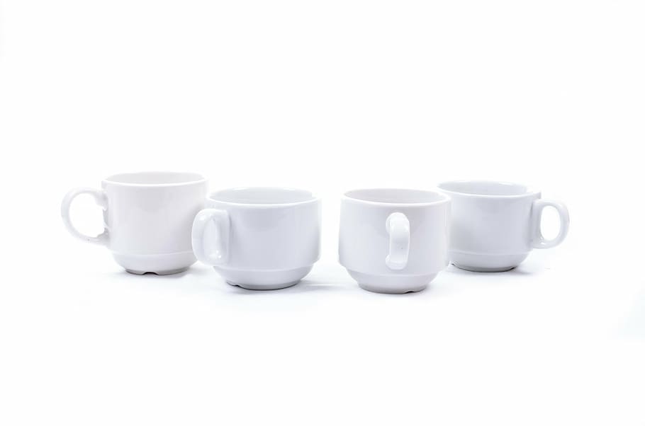 four white ceramic cups, mug, porcelain, front, close-up, isolated HD wallpaper