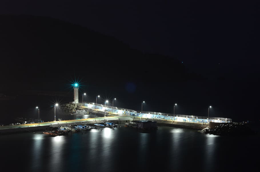 ahgyeong, dock, lighthouse, night, architecture, illuminated HD wallpaper