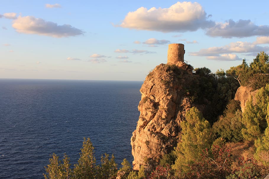 mallorca, old lighthouse, coast, architecture, tower, sea, sky HD wallpaper