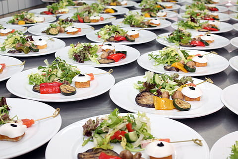 salad dishes, salads, plate, buffet, cold buffet, delicious HD wallpaper