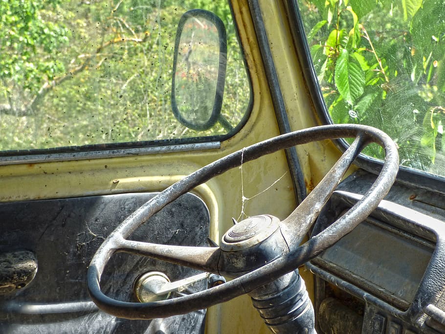 van, steering wheel, controls, rear-view mirror, old, abandoned rusty HD wallpaper