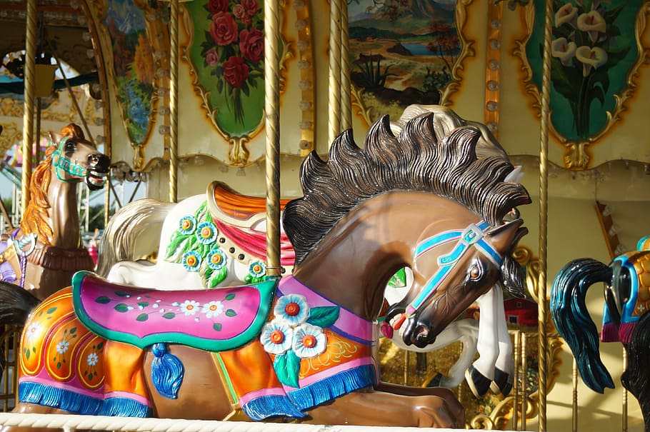 fair, carrucel, horse, carousel, amusement park ride, animal representation HD wallpaper