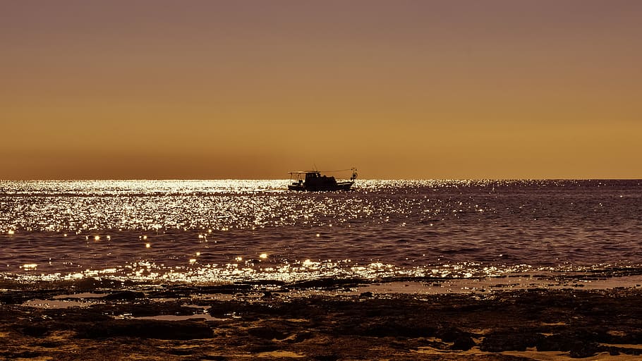 sea, beach, coast, sunset, boat, colors, horizon, afternoon HD wallpaper