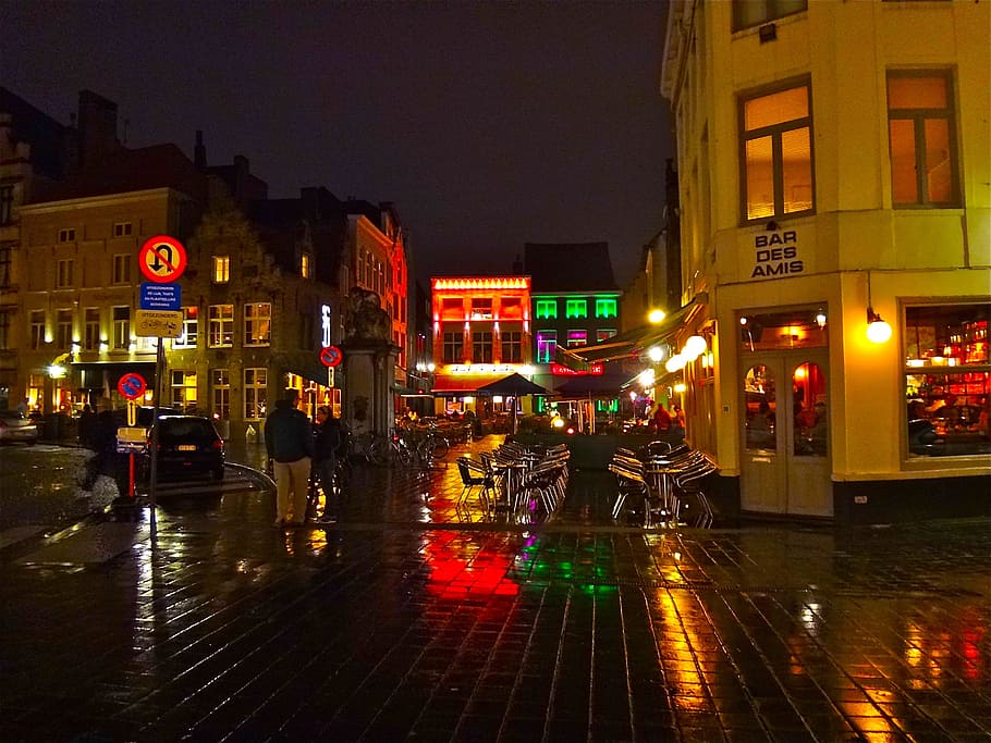 night, mood, illumination, color, creative, city, bruges, illuminated HD wallpaper