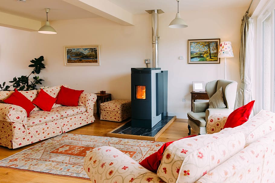white and red polka-dot sala set, stove, holiday house, comfortable