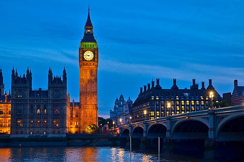 Elizabeth Tower, London, photo, big ben, clock, lights, reflection HD wallpaper