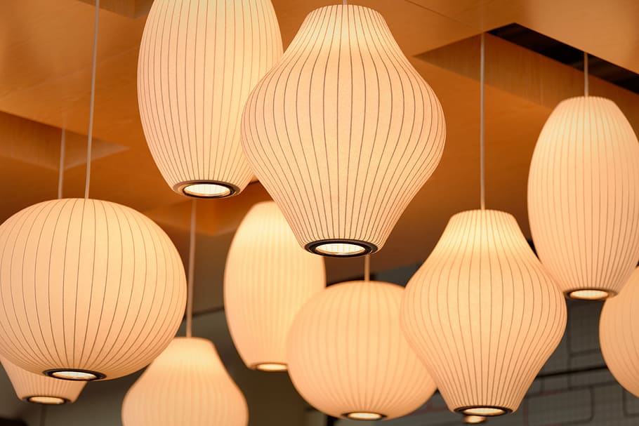 turned-on white pendant lamps, white ceiling lights, lantern HD wallpaper