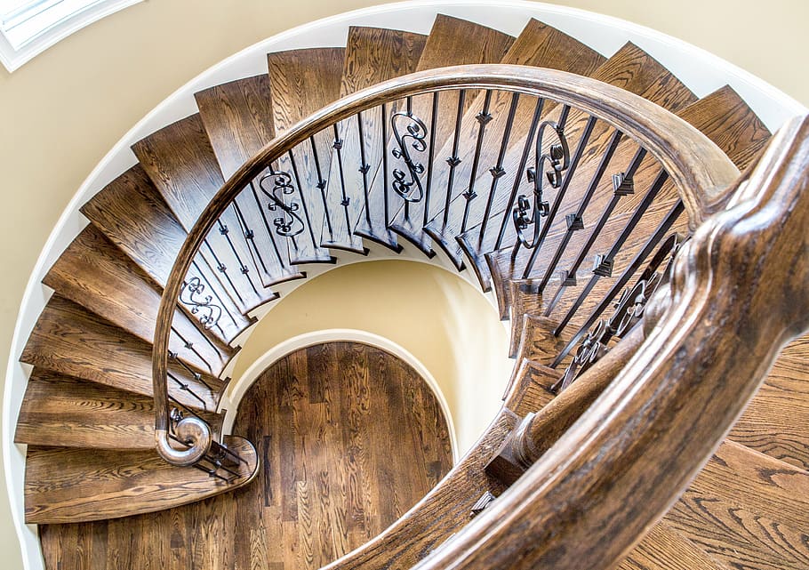high angle view of brown spiral stairs, real estate, luxury, home, HD wallpaper