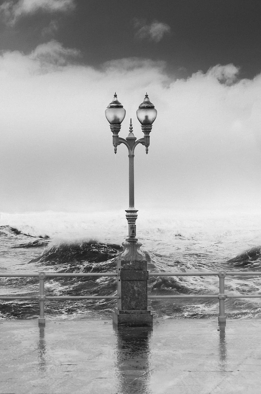 grayscale photography of outdoor lamp near sea, grayscale photo of lamp post near on seashore, HD wallpaper