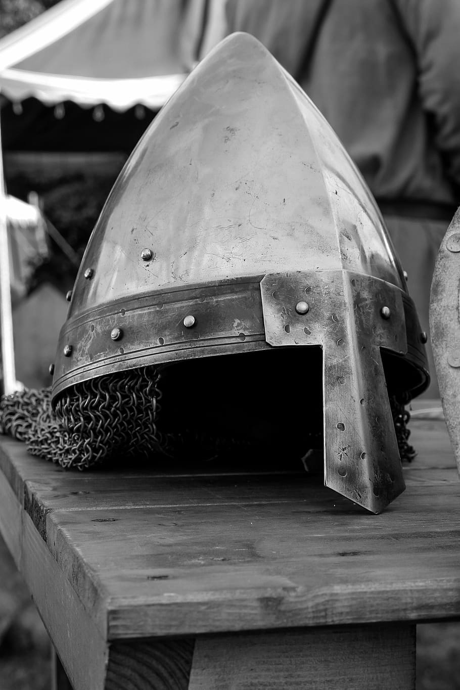 grayscale photo of knight helmet on table, middle ages, harnisch HD wallpaper