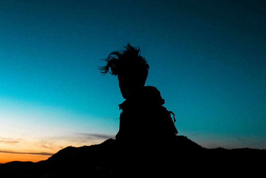 silhouette of person near mountains during golden hour, people, HD wallpaper