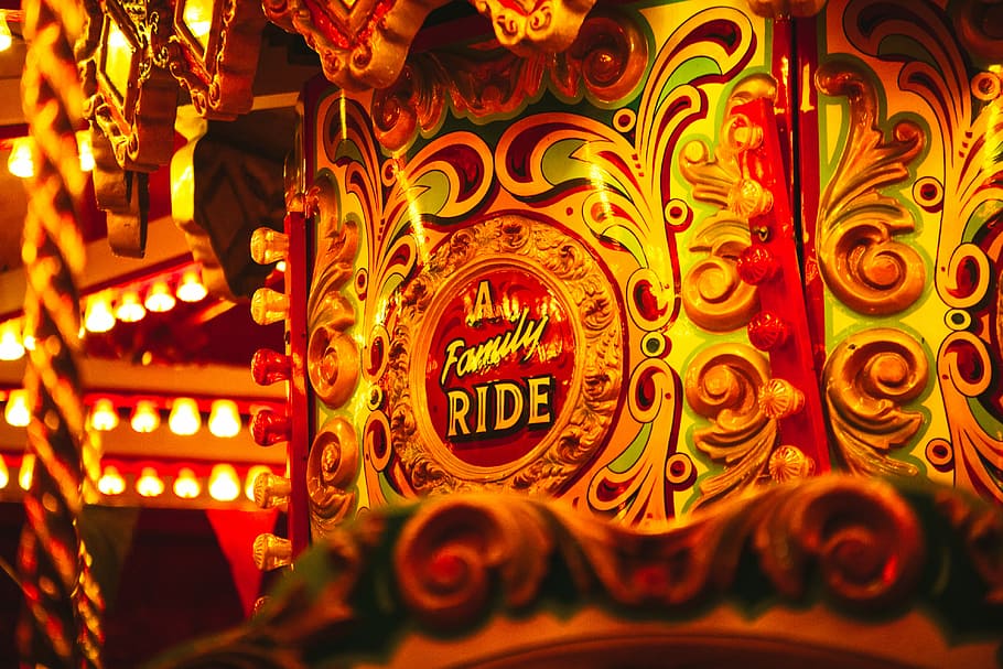 Family ride signage, A Family Ride carousel ride, lights, night HD wallpaper