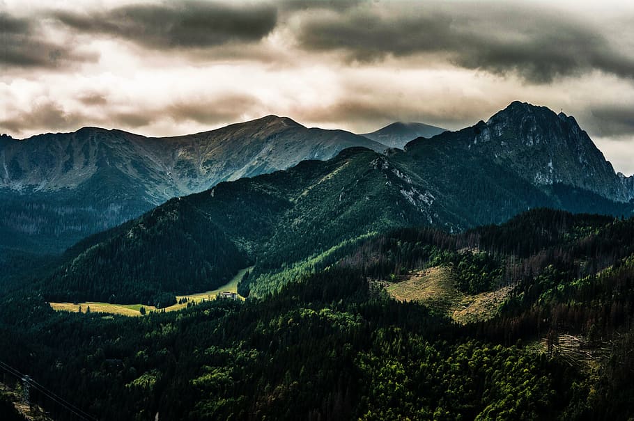 aerial photography of mountain forest, highland, cloud, sky HD wallpaper