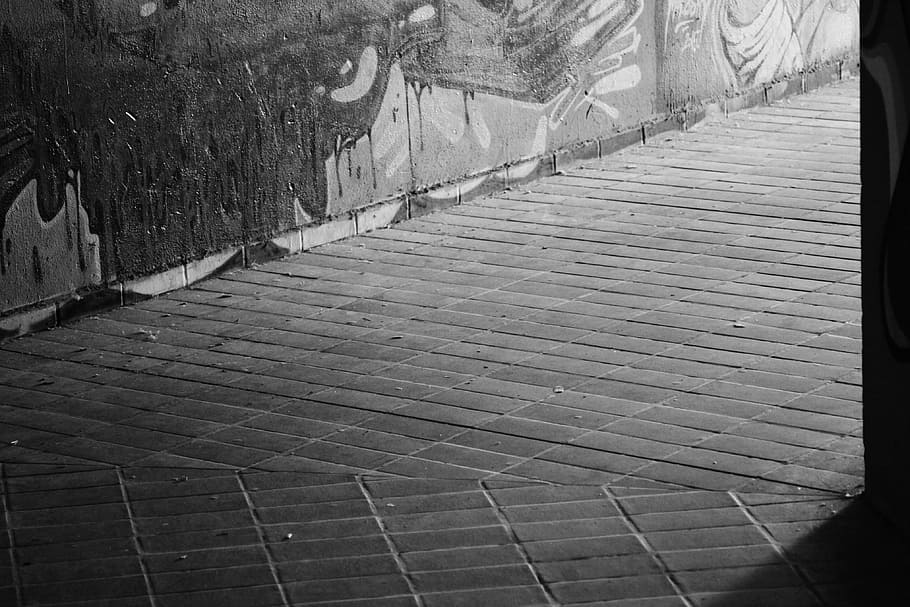 underpass, black white, gray, graffiti, wall paint, lines, cover HD wallpaper