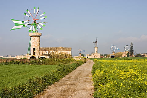 white and green windmill during daytime, balearic islands, mallorca HD wallpaper