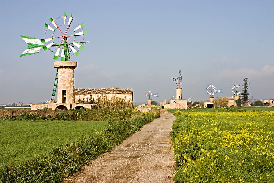 white and green windmill during daytime, balearic islands, mallorca HD wallpaper