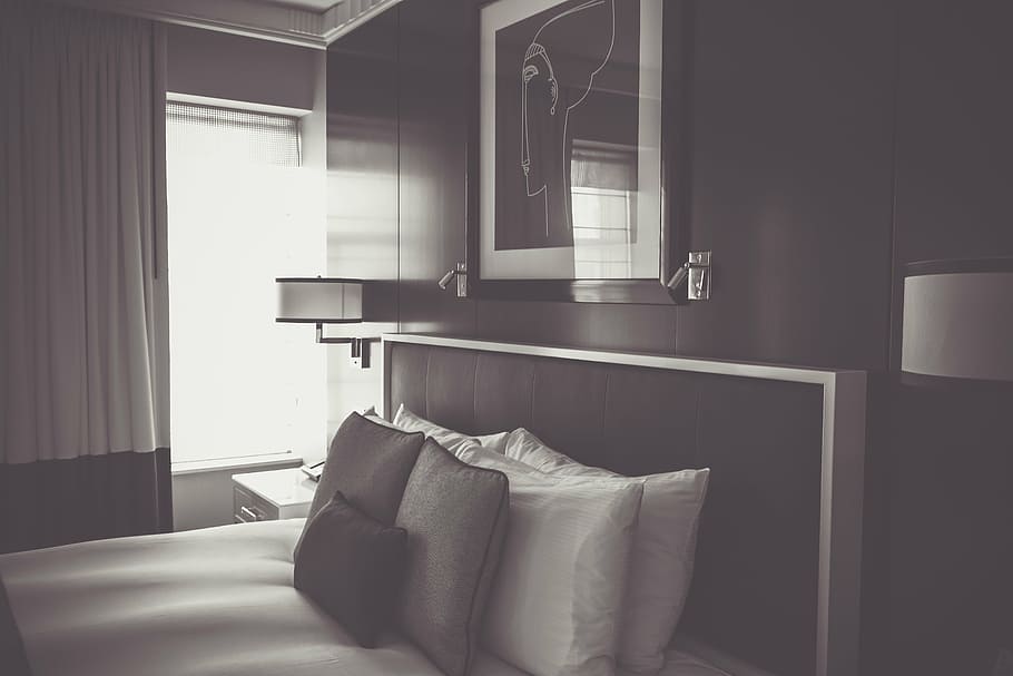 apartment, architecture, bed, bedroom, black and-white, chair, HD wallpaper