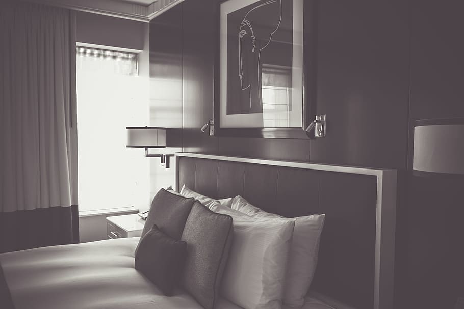 grayscale photo of bed and photo frame, hotel, room, hotel room, HD wallpaper