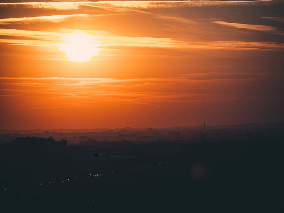 silhouette of road, sunset at city, sunlight, fire, sky, orange color HD wallpaper