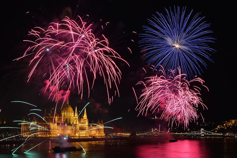 fireworks, parliament, budapest, holiday, danube, in the evening