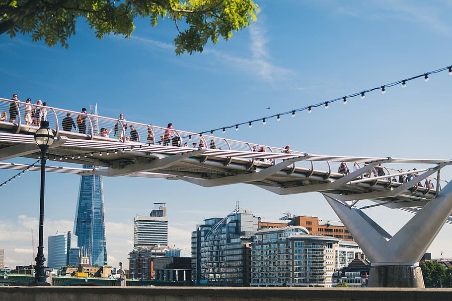photo of people walking on bridge, white steel bridge, building HD wallpaper