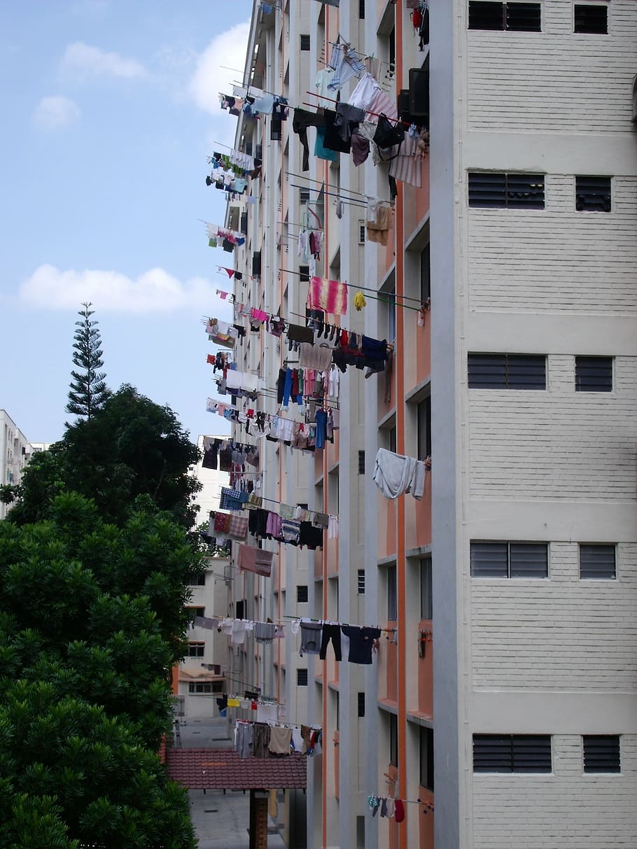 singapore, laundry, drying, building, facade, sky, clouds, trees HD wallpaper