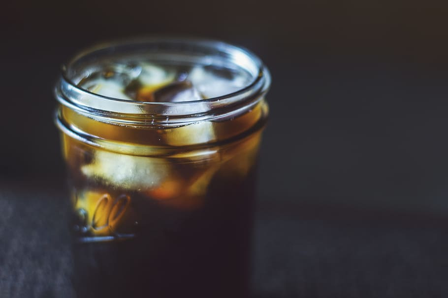 black liquid with ice cubes on Mason jar, photo of Ball mason jar filled with liquid HD wallpaper