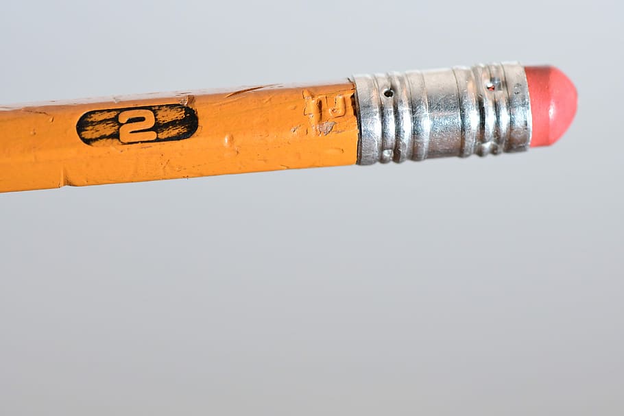 pencil eraser, yellow pencil, number, 2, orange, studio shot HD wallpaper