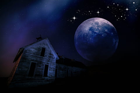 gray wooden house, moonlight, night, home, full moon, darkness HD wallpaper