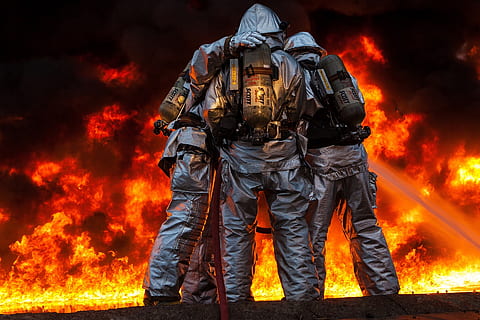 three fireman wiping out fire, firefighters, training, live HD wallpaper