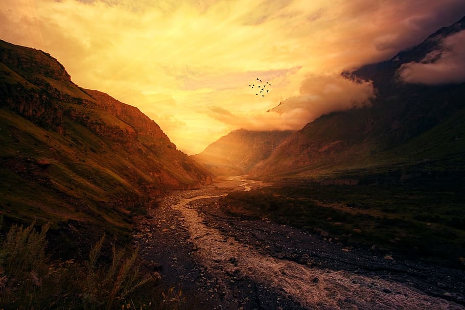 photo of a sunset, mountain, highland, cloud, sky, summit, ridge HD wallpaper