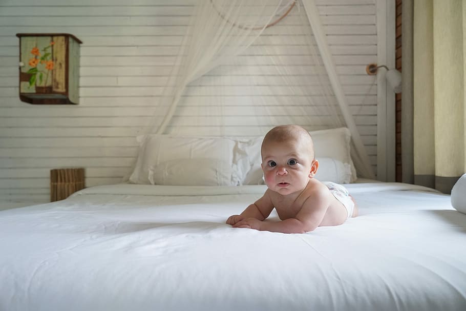 baby boy lying on bed, bedroom, within, furniture, young, innocence, HD wallpaper