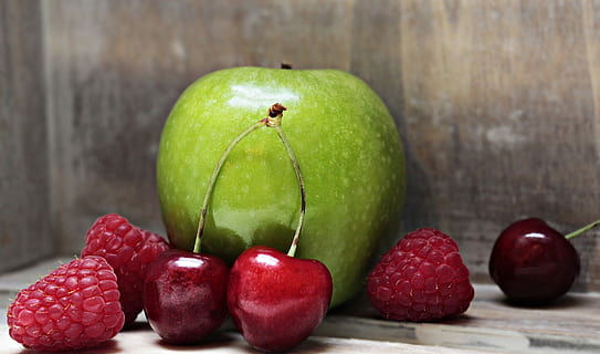 red apple, cherries, and cranberries, raspberries, fruit, fruits HD wallpaper